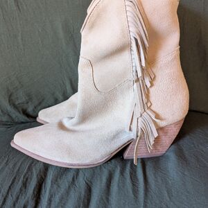 Fringe Suede Ankle Boots - Cream